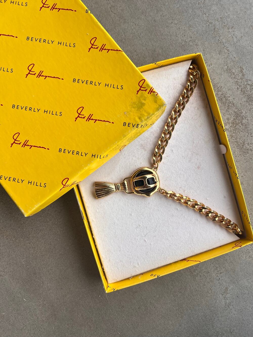 New Vintage Fred Hayman Beverly Hills Gold Tone Statement Necklace w/ Box Tassle